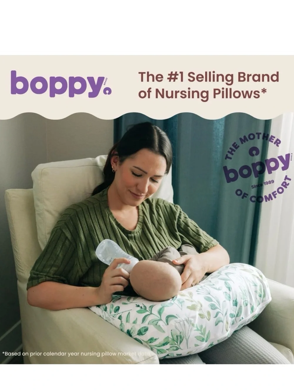 Boppy Feeding Pillow in White with Green Leaf Pattern